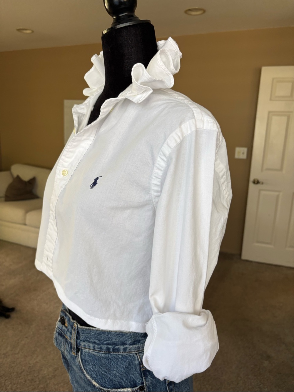 Reworked Cropped Ralph Lauren Ruffle Collar Button Down Size S - Picture 5 of 12